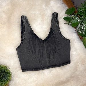 Ecoté Fringe V-Neck Cropped Tank, Color: Black/Dark Grey Acid Wash, Size Medium